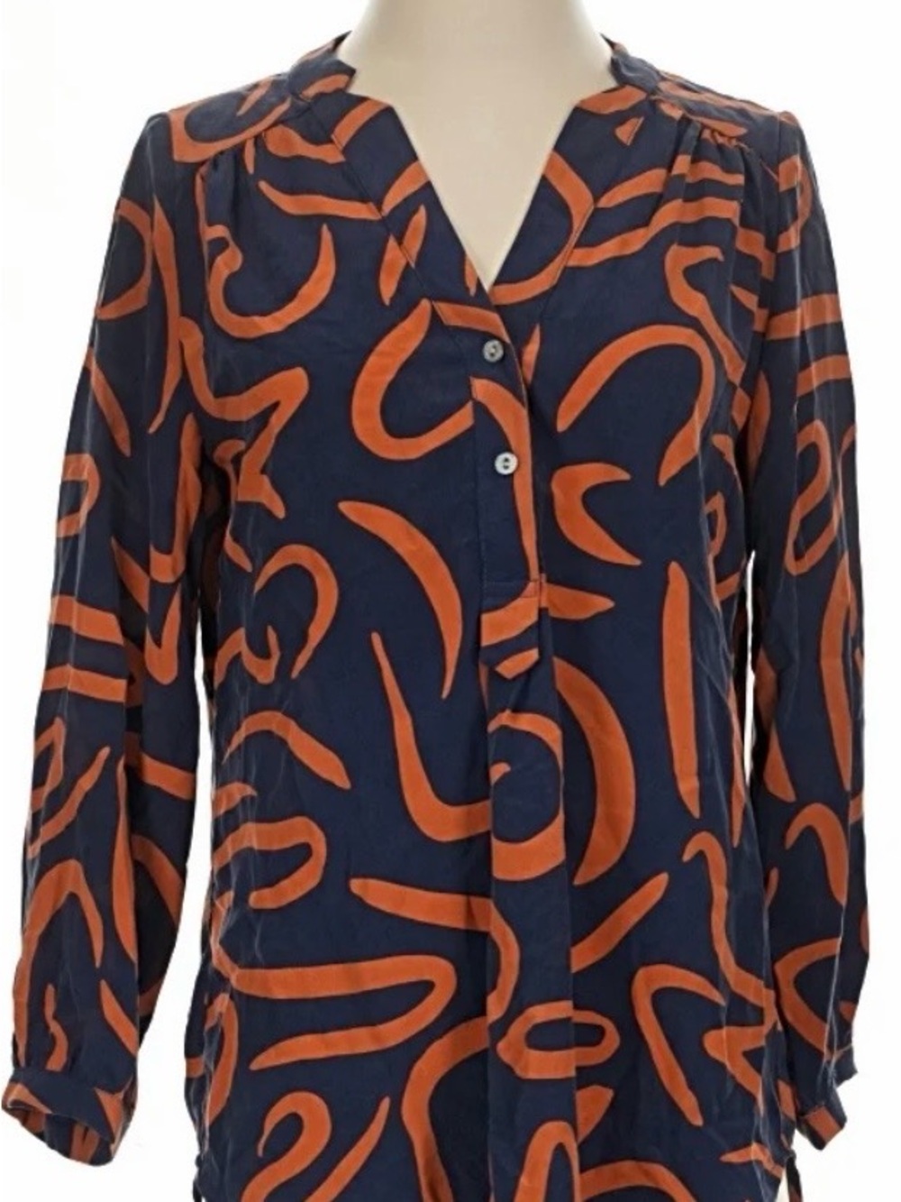 Amour Vert Navy Blouse with Bright Orange Abstract Swirl Print